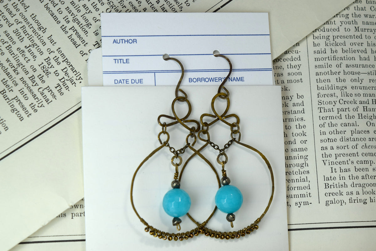 Teal Glass and Pyrite Dangle Earrings