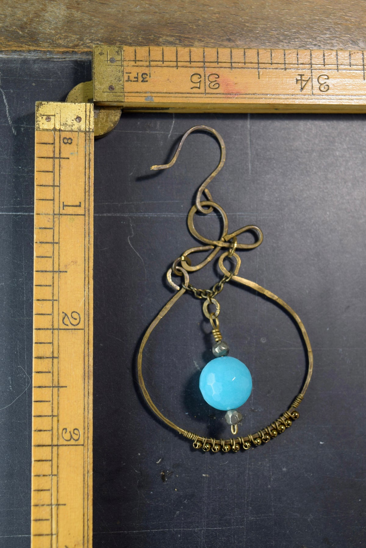 Teal Glass and Pyrite Dangle Earrings