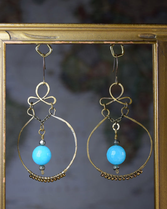Teal Glass and Pyrite Dangle Earrings