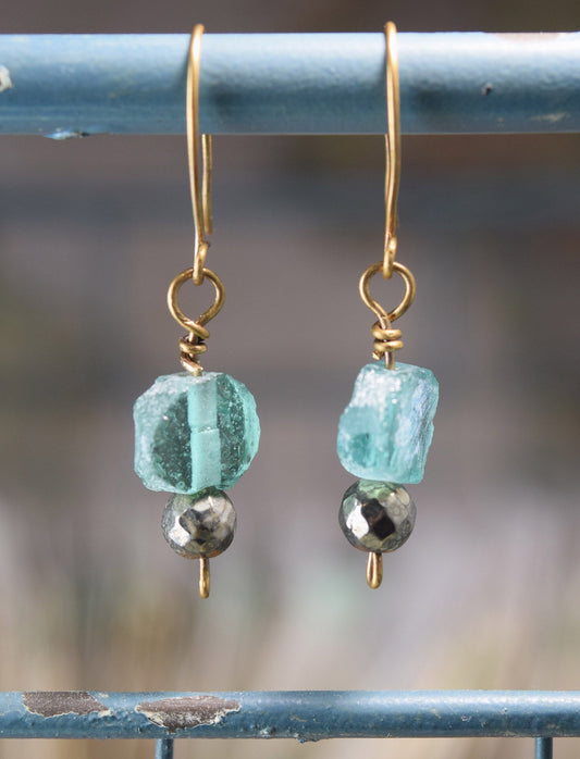 Ancient Roman Glass and Pyrite Earrings