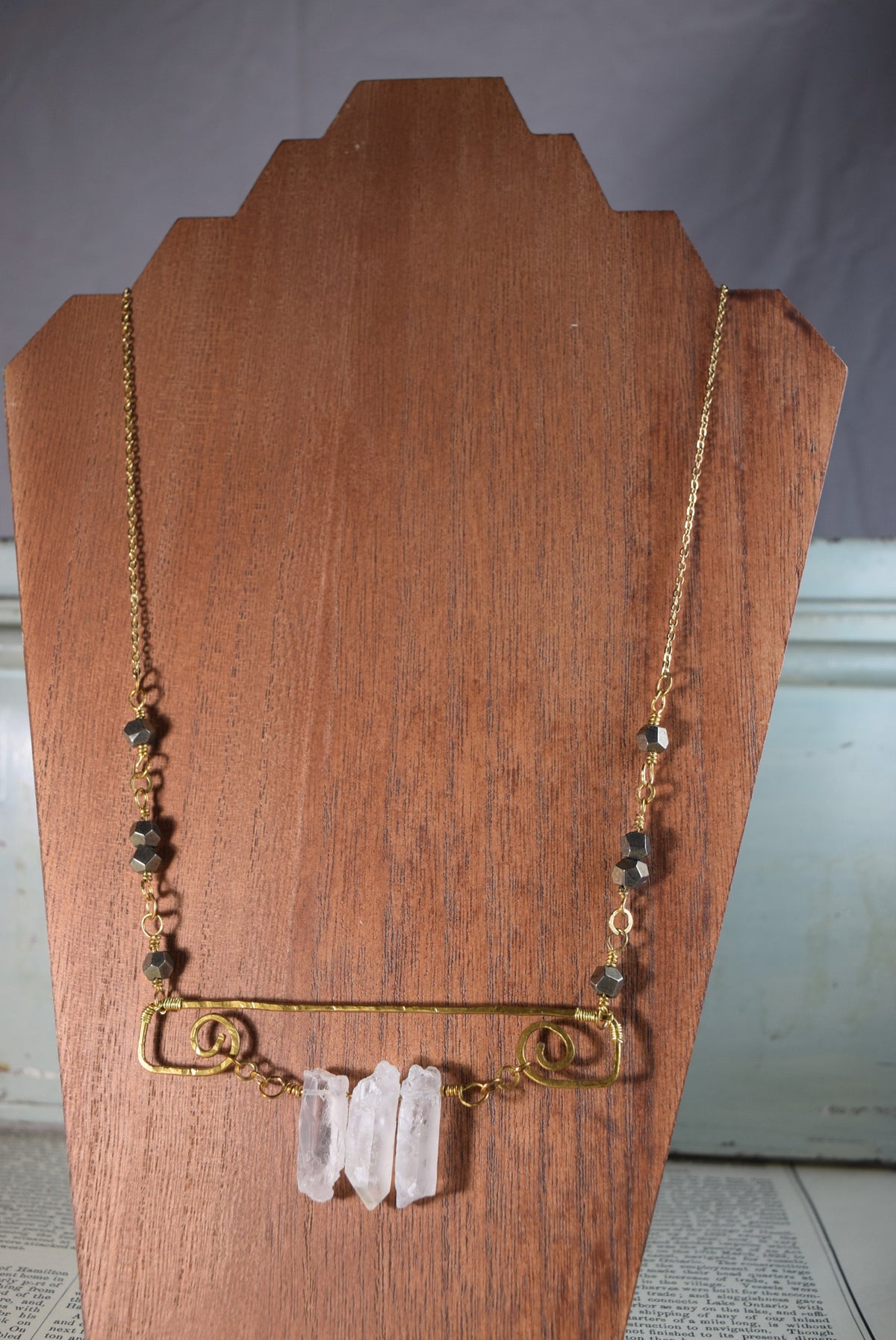 Raw Quartz Statement Necklace with Faceted Pyrite Beads